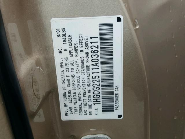 1HGCG22511A036211 - 2001 HONDA ACCORD EX GOLD photo 10