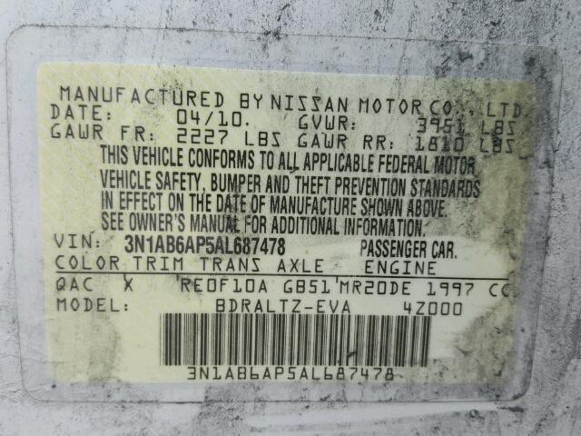 3N1AB6AP5AL687478 - 2010 NISSAN SENTRA 2.0 WHITE photo 10