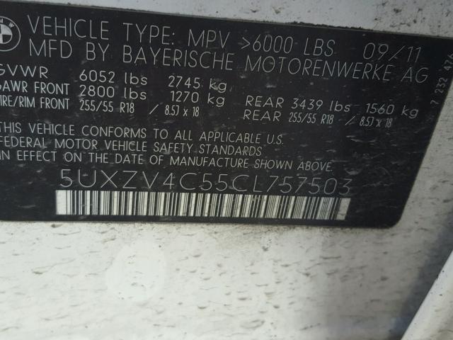 5UXZV4C55CL757503 - 2012 BMW X5 XDRIVE3 WHITE photo 10