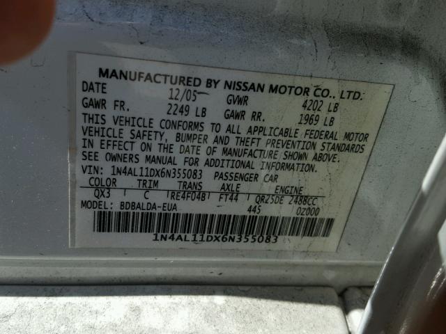 1N4AL11DX6N355083 - 2006 NISSAN ALTIMA S WHITE photo 10