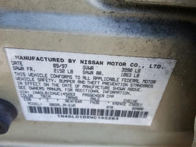 1N4DL01DXWC145263 - 1998 NISSAN ALTIMA XE BEIGE photo 10