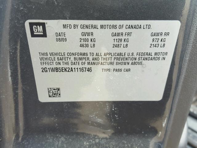 2G1WB5EK2A1116746 - 2010 CHEVROLET IMPALA LT CHARCOAL photo 10