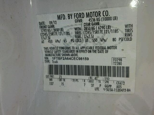 1FTBF2A64CEC98159 - 2012 FORD F250 SUPER WHITE photo 10