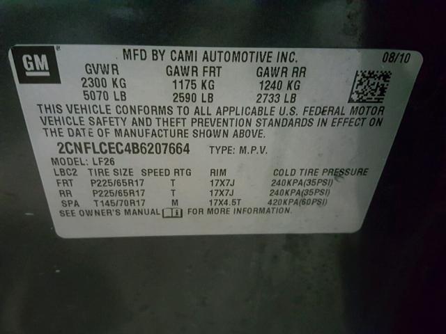 2CNFLCEC4B6207664 - 2011 CHEVROLET EQUINOX LS GRAY photo 10