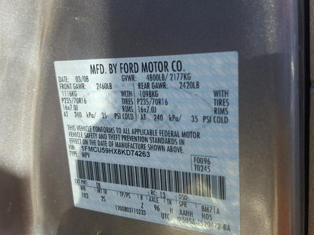 1FMCU59HX8KD74263 - 2008 FORD ESCAPE HEV GRAY photo 10