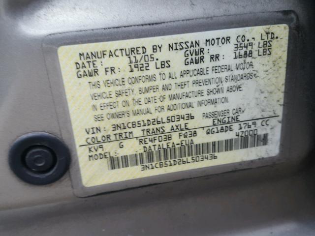 3N1CB51D26L503436 - 2006 NISSAN SENTRA 1.8 GRAY photo 10