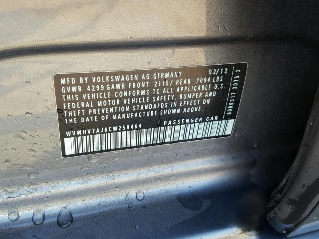 WVWHV7AJ6CW258464 - 2012 VOLKSWAGEN GTI CHARCOAL photo 10