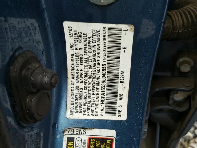 1HGFA16536L040856 - 2006 HONDA CIVIC LX BLUE photo 10