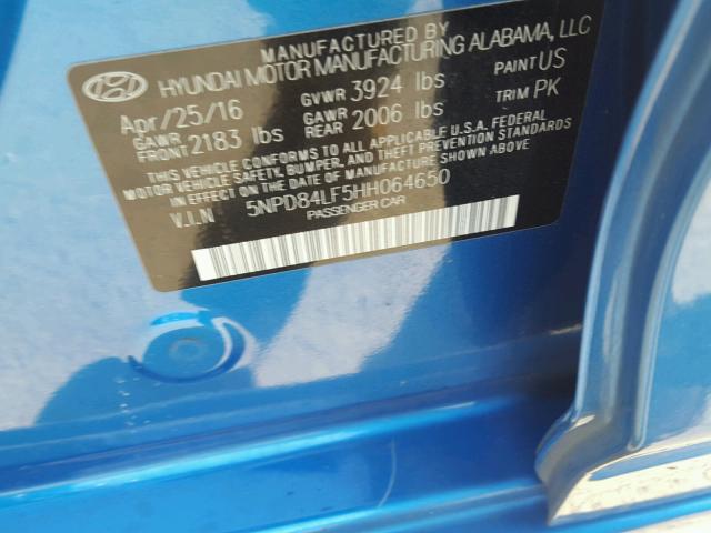 5NPD84LF5HH064650 - 2017 HYUNDAI ELANTRA SE BLUE photo 10