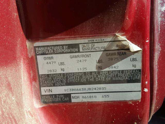 1C3BU663XJD242035 - 1988 CHRYSLER NEW YORKER 勃艮第红 照片 10