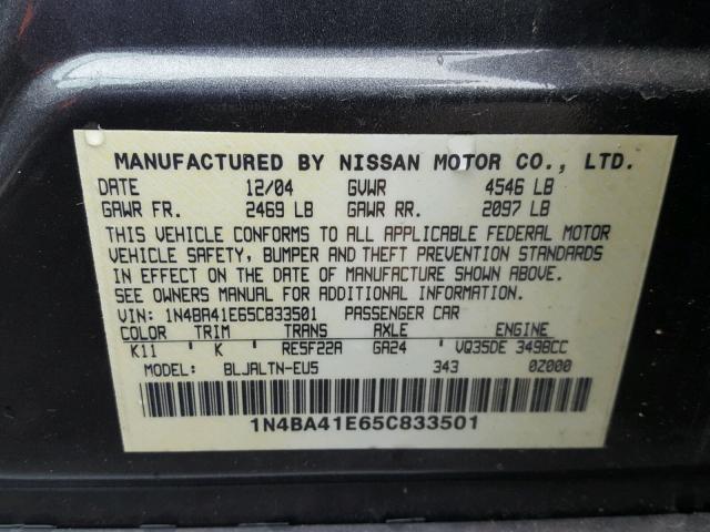 1N4BA41E65C833501 - 2005 NISSAN MAXIMA SE CHARCOAL photo 10