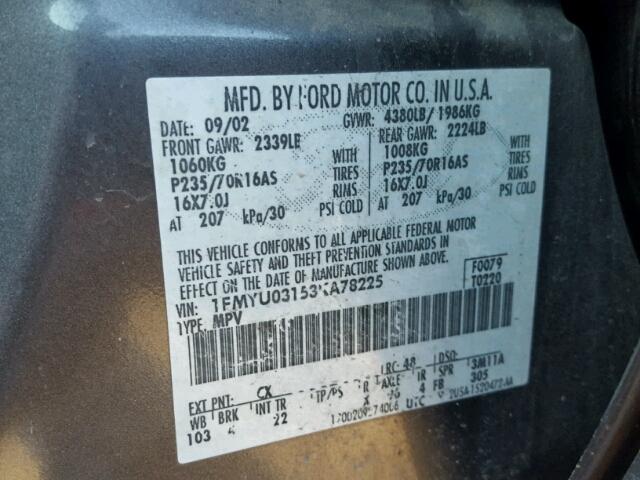 1FMYU03153KA78225 - 2003 FORD ESCAPE XLT GRAY photo 10