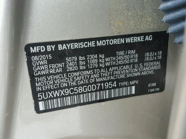 5UXWX9C58G0D71954 - 2016 BMW X3 XDRIVE2 Srebrny zdjęcie 10