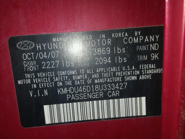 KMHDU46D18U333427 - 2008 HYUNDAI ELANTRA GL RED photo 10