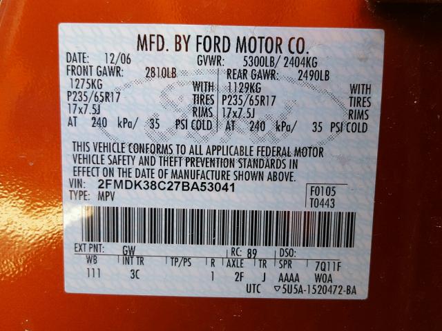 2FMDK38C27BA53041 - 2007 FORD EDGE SEL ORANGE photo 10