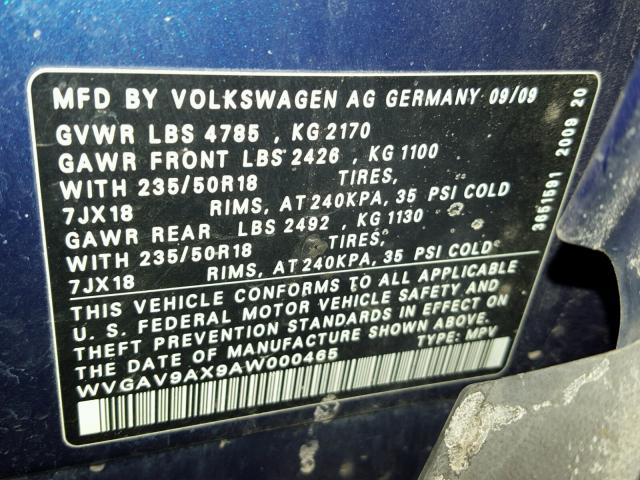 WVGAV9AX9AW000465 - 2010 VOLKSWAGEN TIGUAN S BLUE photo 10