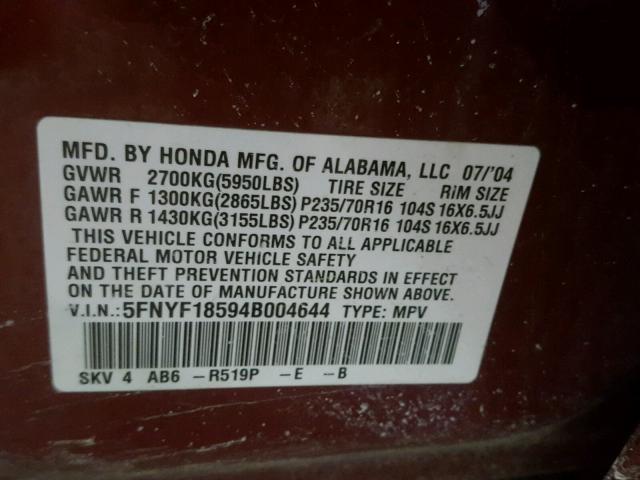 5FNYF18594B004644 - 2004 HONDA PILOT EXL RED photo 10