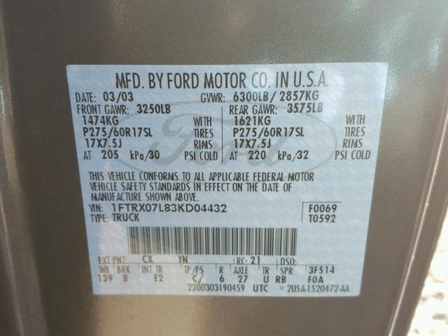 1FTRX07L83KD04432 - 2003 FORD F150 GRAY photo 10