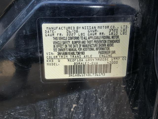 3N1AB61E48L736193 - 2008 NISSAN SENTRA 2.0 BLACK photo 10