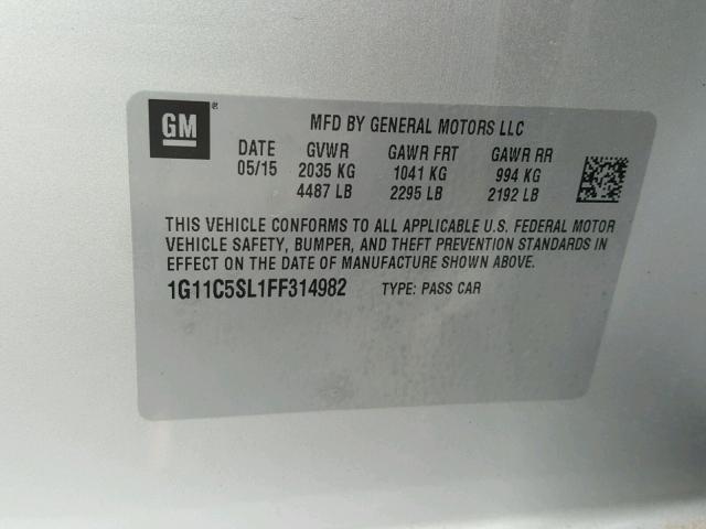 1G11C5SL1FF314982 - 2015 CHEVROLET MALIBU 1LT 银色 照片 10