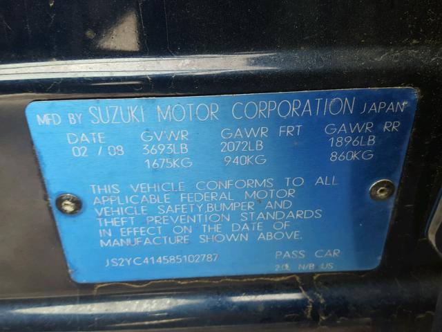 JS2YC414585102787 - 2008 SUZUKI SX4 BLUE photo 10