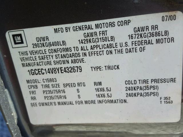 1GCEC14V8YE432679 - 2000 CHEVROLET SILVERADO GRAY photo 10