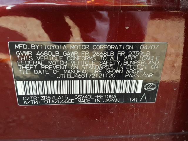 JTHBJ46G172121120 - 2007 LEXUS ES 350 BURGUNDY photo 10