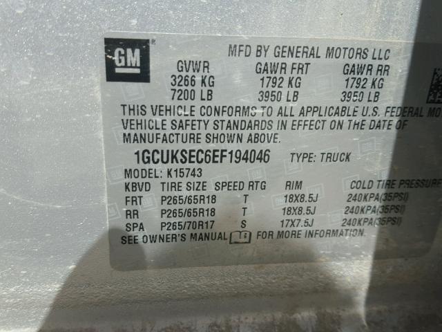 1GCUKSEC6EF194046 - 2014 CHEVROLET SILVERADO SILVER photo 10