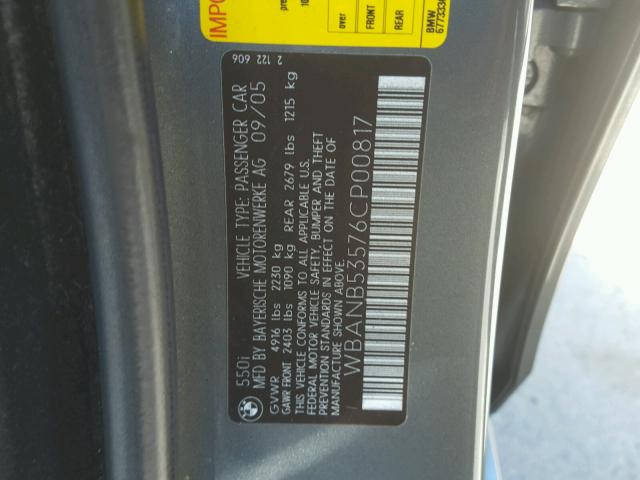 WBANB53576CP00817 - 2006 BMW 550 I GRAY photo 10