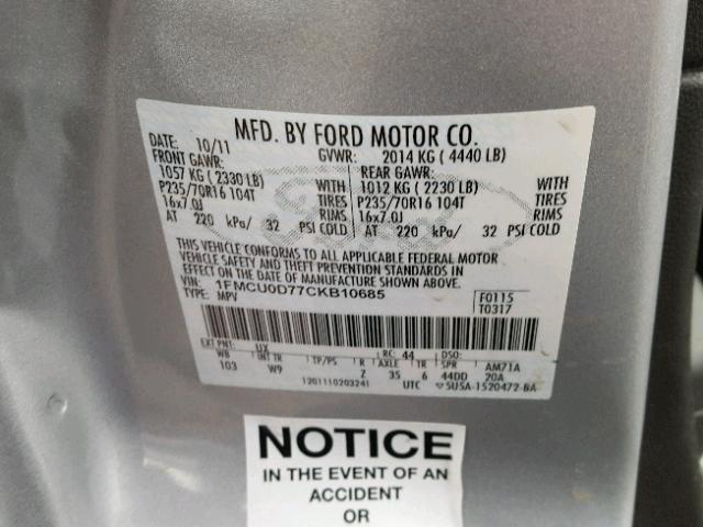 1FMCU0D77CKB10685 - 2012 FORD ESCAPE XLT SILVER photo 10