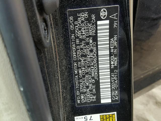 JTDKB20U983428810 - 2008 TOYOTA PRIUS BLACK photo 10