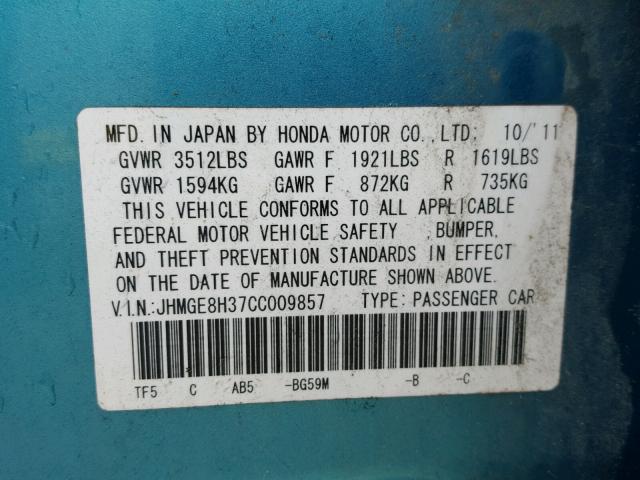 JHMGE8H37CC009857 - 2012 HONDA FIT BLUE photo 10