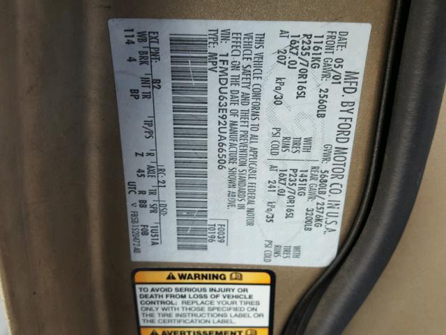 1FMDU63E92UA66506 - 2002 FORD EXPLORER X GOLD photo 10