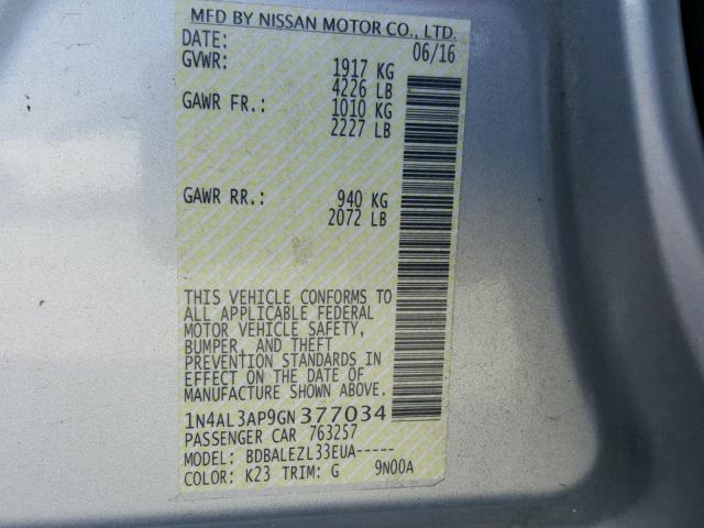 1N4AL3AP9GN377034 - 2016 NISSAN ALTIMA 2.5 SILVER photo 10