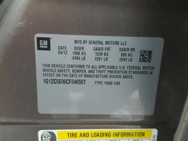 1G1ZC5E06CF346567 - 2012 CHEVROLET MALIBU 1LT 棕色 照片 10