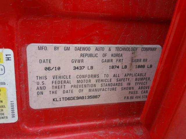 KL1TD6DE9AB135887 - 2010 CHEVROLET AVEO LS 红色 照片 10