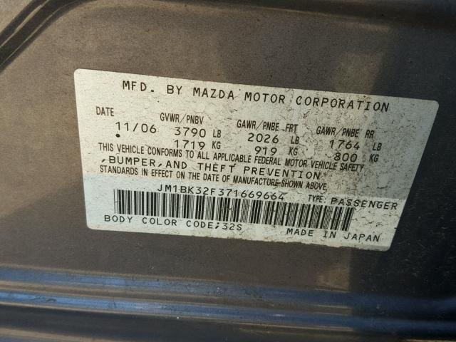 JM1BK32F371669664 - 2007 MAZDA 3 I GRAY photo 10