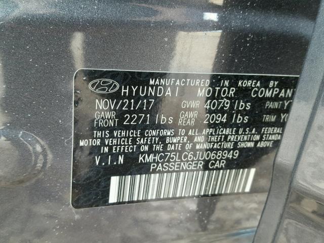 KMHC75LC6JU068949 - 2018 HYUNDAI IONIQ SEL GRAY photo 10