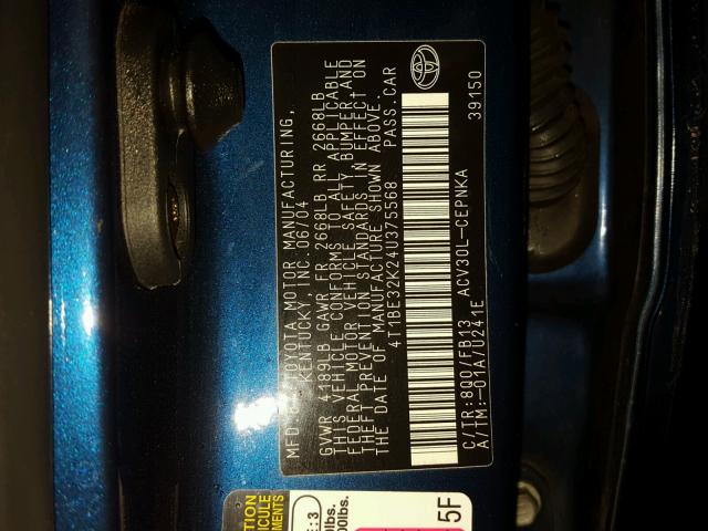 4T1BE32K24U375568 - 2004 TOYOTA CAMRY LE BLUE photo 10