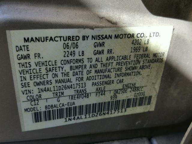 1N4AL11D26N417513 - 2006 NISSAN ALTIMA S BEIGE photo 10