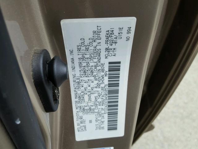 5TDZA23C94S038576 - 2004 TOYOTA SIENNA CE GOLD photo 10