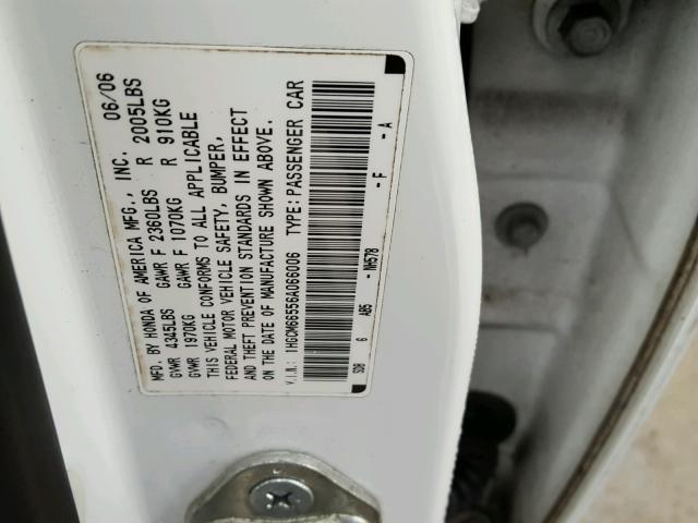 1HGCM66556A066006 - 2006 HONDA ACCORD EX WHITE photo 10