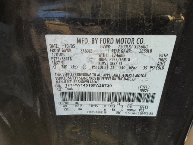 1FTPW14516FA28730 - 2006 FORD F150 SUPER BLACK photo 10