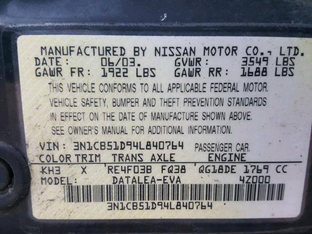 3N1CB51D94L840764 - 2004 NISSAN SENTRA 1.8 BLACK photo 10