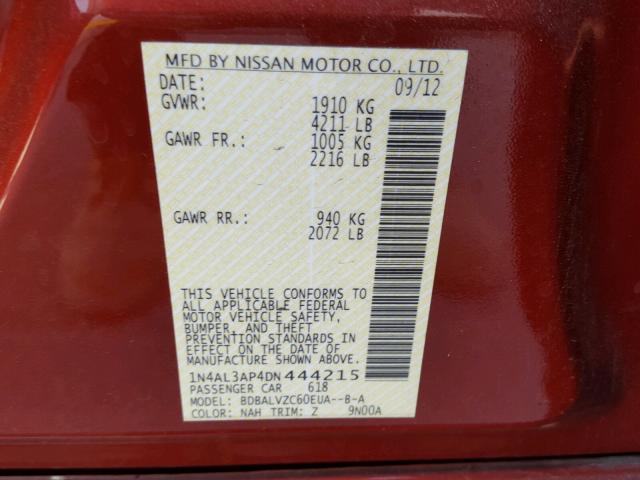 1N4AL3AP4DN444215 - 2013 NISSAN ALTIMA 2.5 RED photo 10