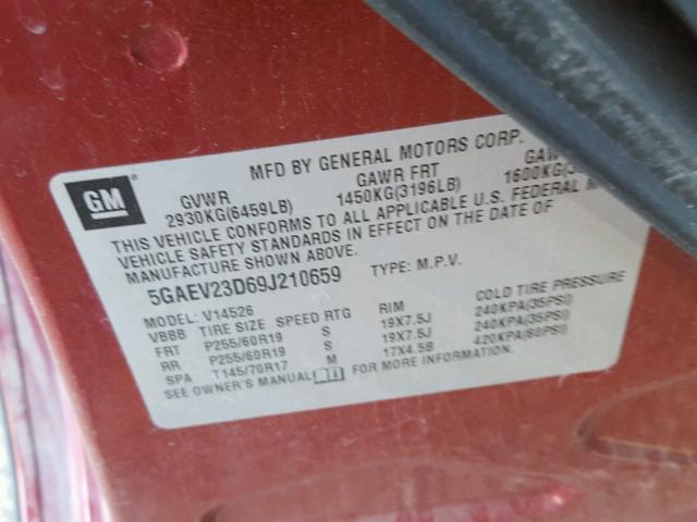 5GAEV23D69J210659 - 2009 BUICK ENCLAVE CX 红色 照片 10