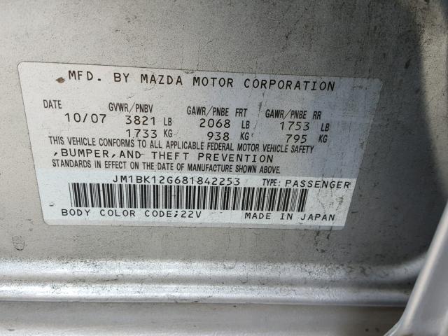 JM1BK12G681842253 - 2008 MAZDA 3 I SILVER photo 10