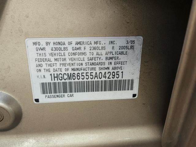 1HGCM66555A042951 - 2005 HONDA ACCORD EX GOLD photo 10