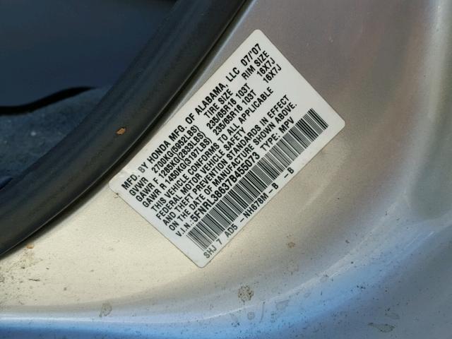 5FNRL38637B455073 - 2007 HONDA ODYSSEY EX SILVER photo 10