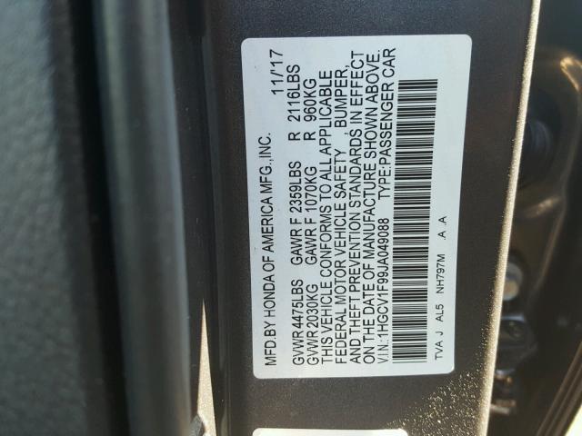 1HGCV1F99JA049088 - 2018 HONDA ACCORD TOU GRAY photo 10